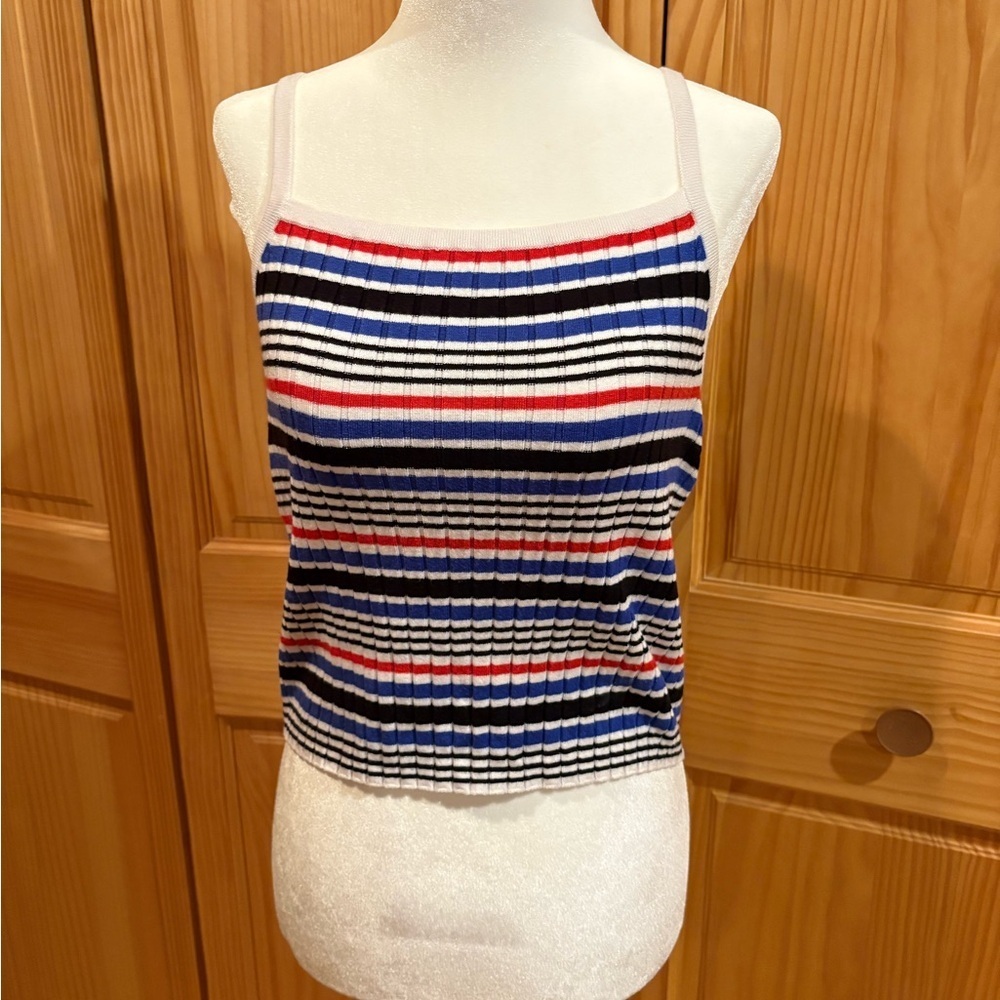H&M DIVIDED Navy Blue Red and White Stripe Cropped Stretch Camisole Top.